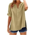 thumbnail image 2 of Guieoi Womens Tops Plus Size Women's Solid Color Imitation and Linen Short Sleeved V-Neck Pullover with Button Down Hem and Slit Trendy Blouses Brown Black*Friday/Cyber*Monday, 2 of 7