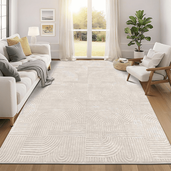 8'x 10' Area Rugs Soft Cozy Fluffy Arch Pattern High-Low Pile Large Non Slip Washable Modern Geometric Rug Scandinavian Minimalist Carpet for Living Room Bedroom Dining Room