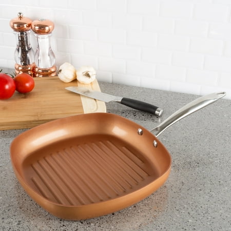 10.5? Non Stick Skillet Grill Pan with Copper Colored Finish- Oven / Dishwasher Safe Allumi-shield Cookware with Heat Safe Handle by Classic