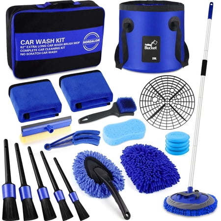 21Pcs Car Wash Kit,62" Car Wash Brush Mop with Long Handle,Car Cleaning Kit,Car Detailing Brush Set,Car Wash Bucket with Dirt Trap,Windshield Window Squeegee for Cars RV Truck Boat