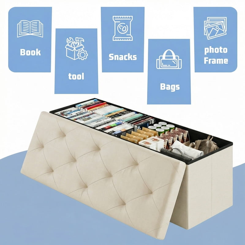 Gianna 43 Inches Folding Storage Ottoman Bench, Storage Chest, Foot Rest Stool, Bedroom Bench with Storage, Beige
