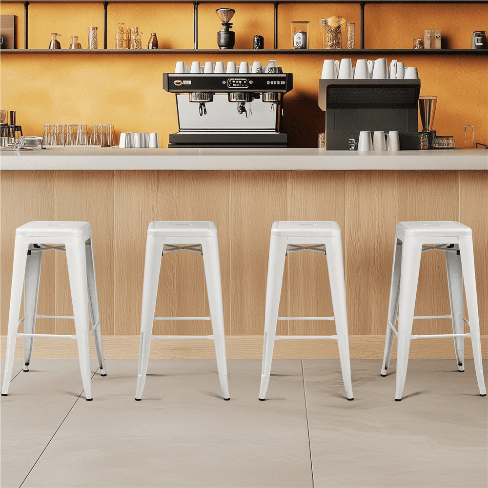 Alden Design Industrial Metal 30" Stackable Backless Bar Height Stools, Set of 4, White