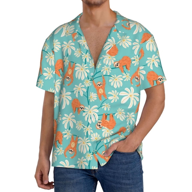 Fotbe Cute Sloth on Floral Tree Camisa Estampada de Manga Corta para Hombre, Casual de Verano, Estilo Playero, Sin Arrugas-XX-Large