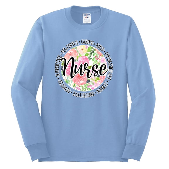 Floral Nurse Appreciation Pop Culture Mens Long Sleeve Shirt, Light Blue, Medium