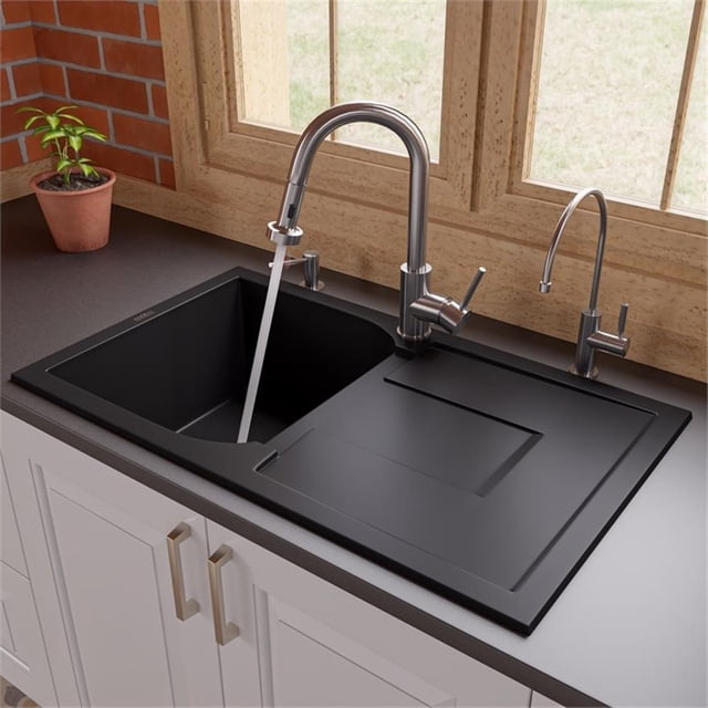 Pemberly Row Black 34" Single Bowl Granite Composite Kitchen Sink w/ Drainboard