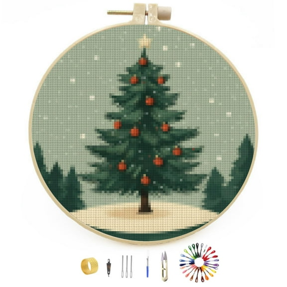 DIY Stamped Cross Stitch Kits Christmas Pine Tree Red Car Easy for Beginners with Hoop 11CT Counted Embroidery Needlepoint Crafts Arts for Handmade Enthusiasts and Home Decor 30x30cm(3)