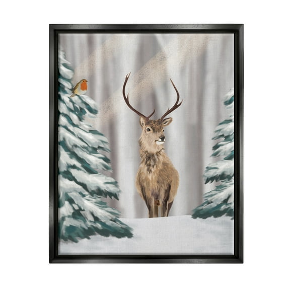 Stupell Industries Seasonal Deer Winter Landscape Holiday Painting Black Floater Framed Art Print Wall Art