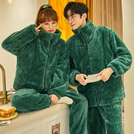

PIKADINGNIS Autumn Winter Warm Flannel Zipper Couple Pajamas Set Women Sleepwear Family Pijama Lover Homewear Cloth Women Casual Men Pyjamas