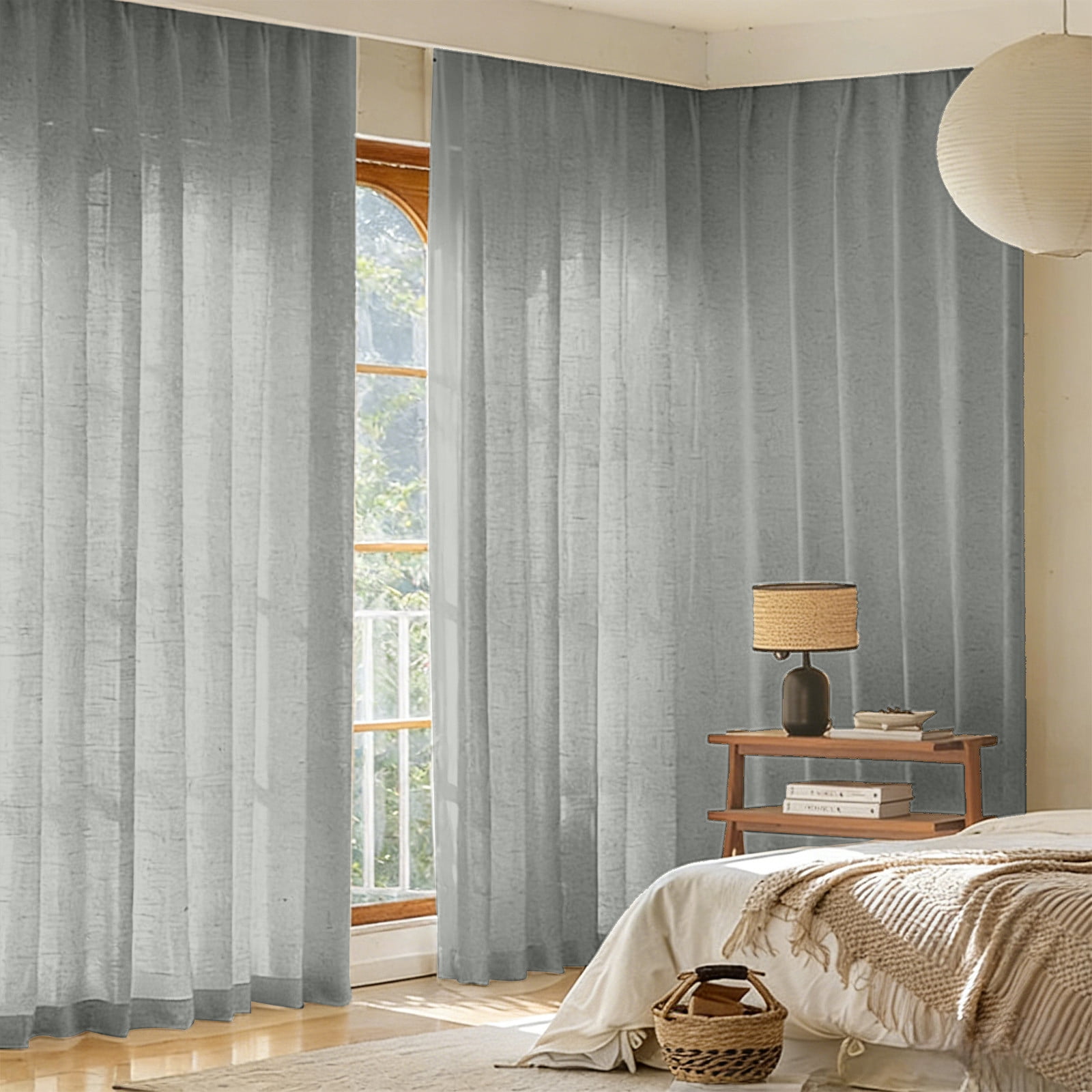 Linen Style Window Curtains Set of 2, Gray Flax Fabric Curtains 150x270cm for Living Room and Bedroom