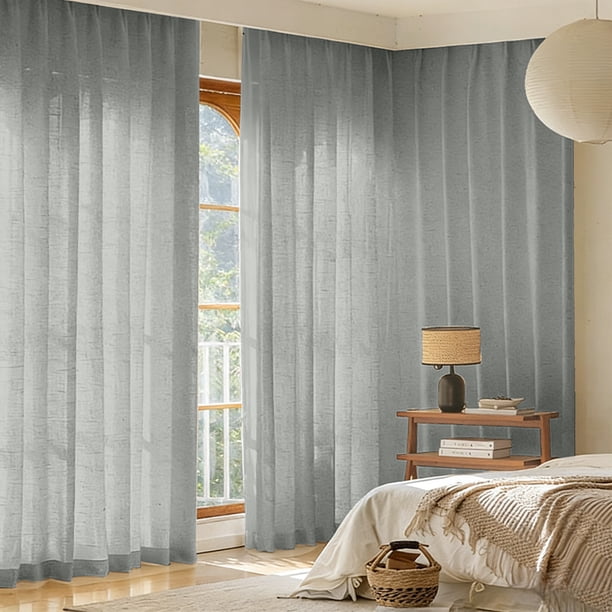 Cortinas estilo lino - Juego de 2 paneles de 150 x 270 cm (59 x 106 pulgadas) | Verde menta, blanco, gris, caqui y amarillo | Poliéster con aspecto de lino para decorar salas de estar y dormitorios