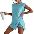 thumbnail image 2 of Women's Summer 2-Piece Sets Trendy Casual Cropped Tee and Skirt Split Shorts Matching Solid Lounge Outfits with Pockets (Light Blue,S), 2 of 9