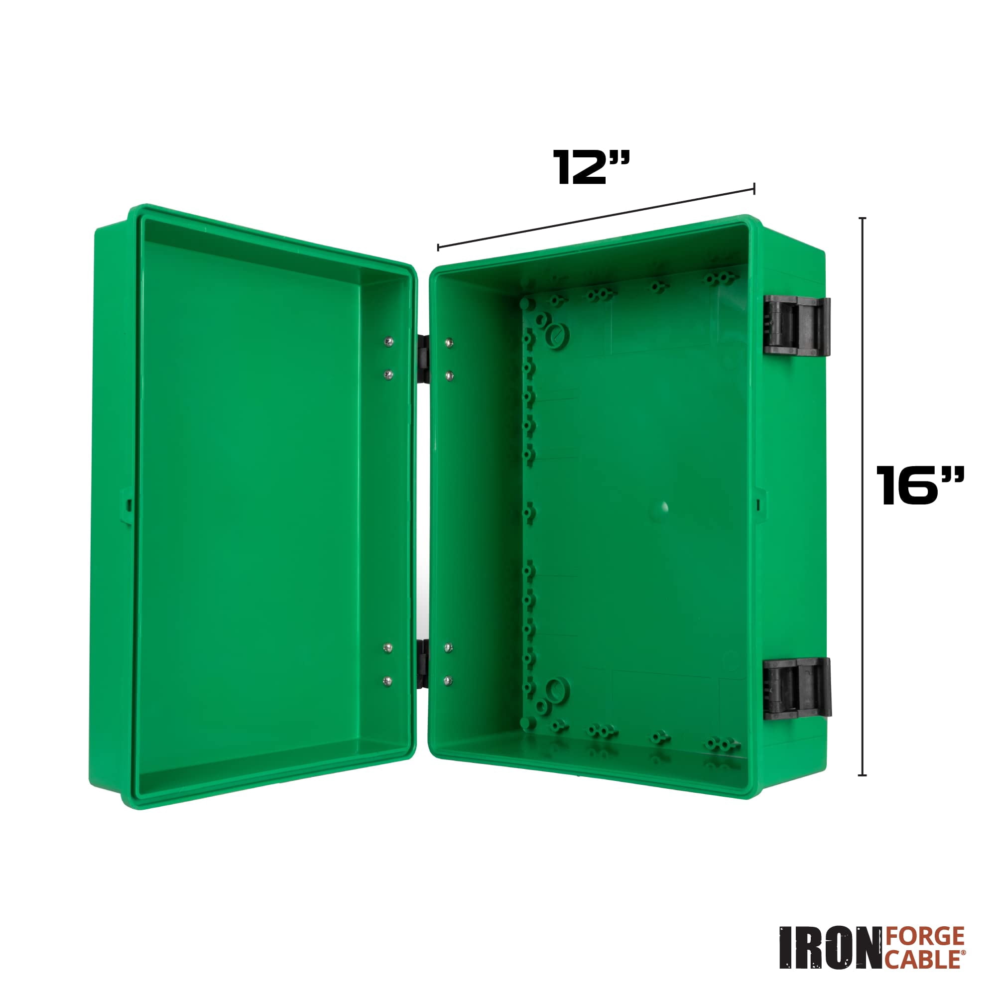 Iron Forge Cable Waterproof Junction Box Extra Large - Outdoor Electrical Enclosure - ABS Plastic Project Boxes Weatherproof Hinged Green Panel Cover - IP65 Size 16" x 12" x 7.2" Inch