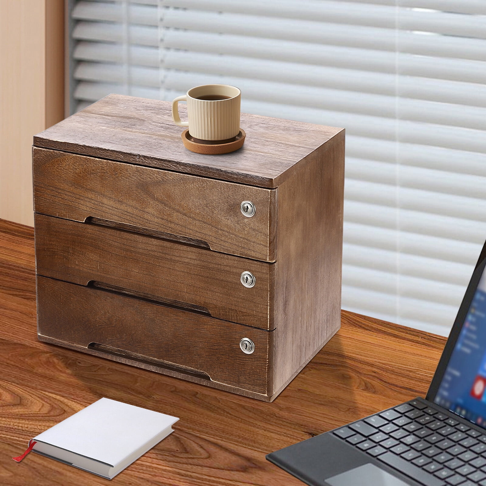 DENEST Wooden Desktop Storage Box with Lockable Drawers, 3 Tiers Office Supplies File Organizer, Flat File Cabinet Desk Storage Box for Dresser Tabletop