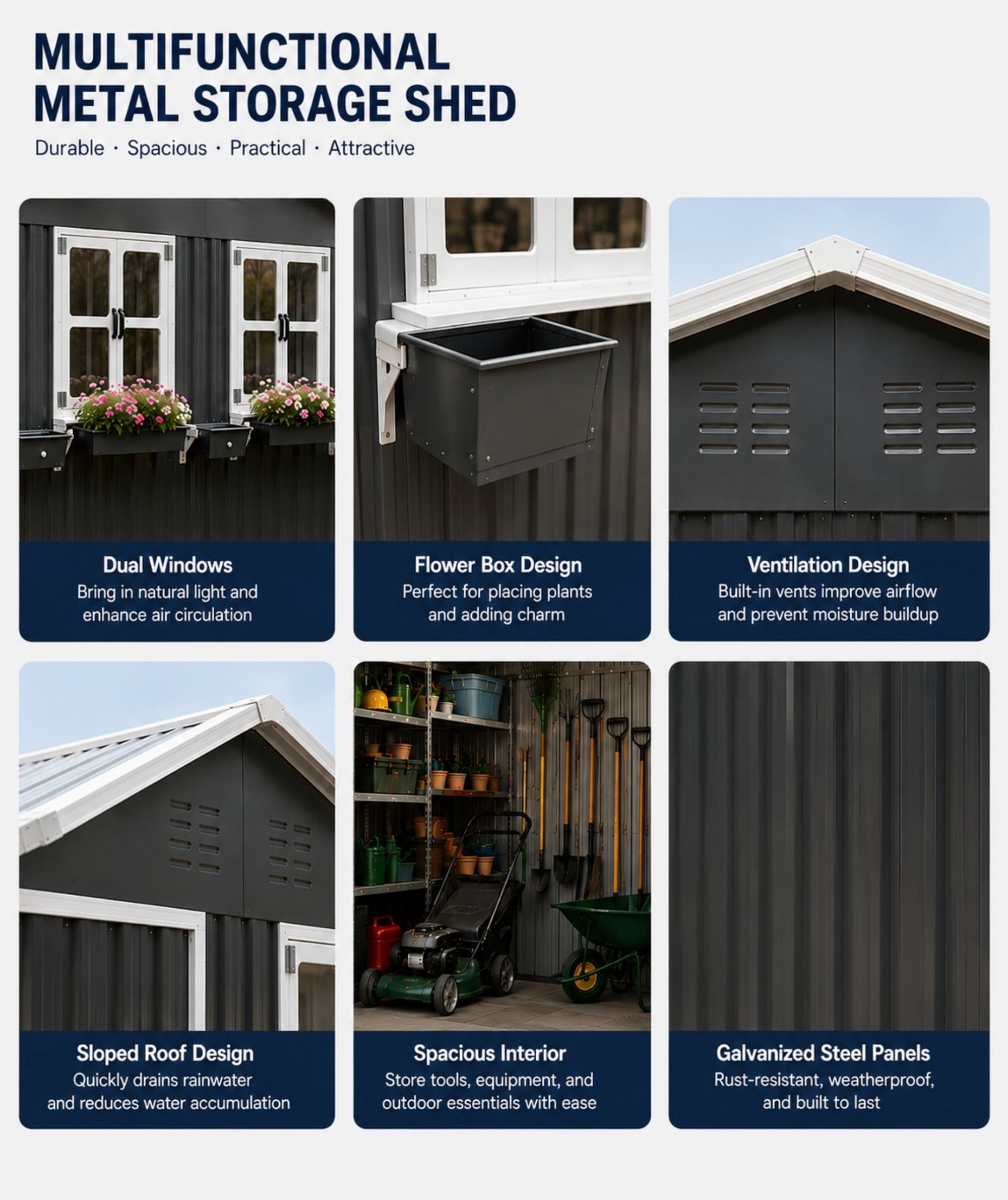 Aukfa 6x9 FT Metal Outdoor Storage Shed with Flower Rack&Lockable Doors, Waterproof Garden Tool Shed for Backyard Patio Lawn, Coal Gray