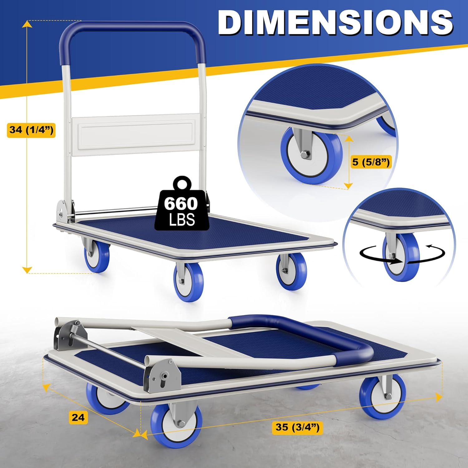 Foldable Push Cart Dolly | 660 lbs. Capacity | Heavy Duty Moving Platform Hand Truck with Swivel Wheels | Small Flatbed Cart | Space Saving Push Handle-b6