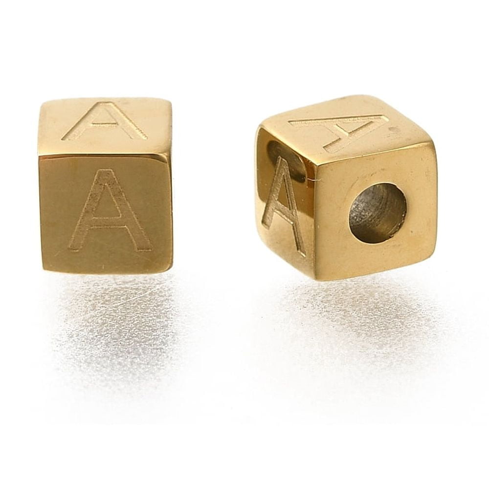26Pcs Ion Plating(IP) 304 Stainless Steel Beads Cube with Letter A~Z Real 14K Gold Plated 5x5x5mm Hole: 2mm