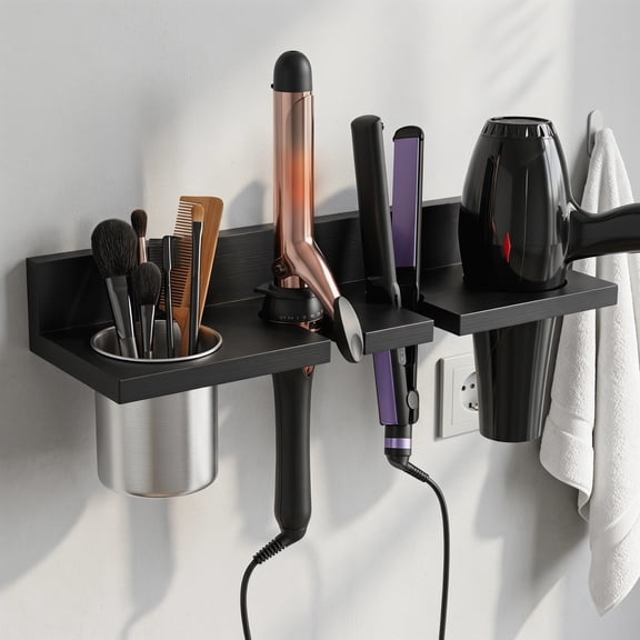 Wall Mounted Hair Tool Organizer, Wooden Blow Dryer Holder for Bathroom, Rustic Styling Tools Organizer for Flat Iron, Curling Wand, Hair Straighteners & Brushes, Black