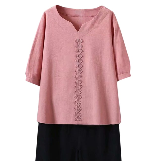 T-Shirt Décontracté à Broderie Couleur Unie Printemps Été pour Femmes, Manches Courtes Col Rond Blouse en Lin, Léger et Confortable, Doux et Respirant pour un Usage Quotidien, Coupe Décontractée