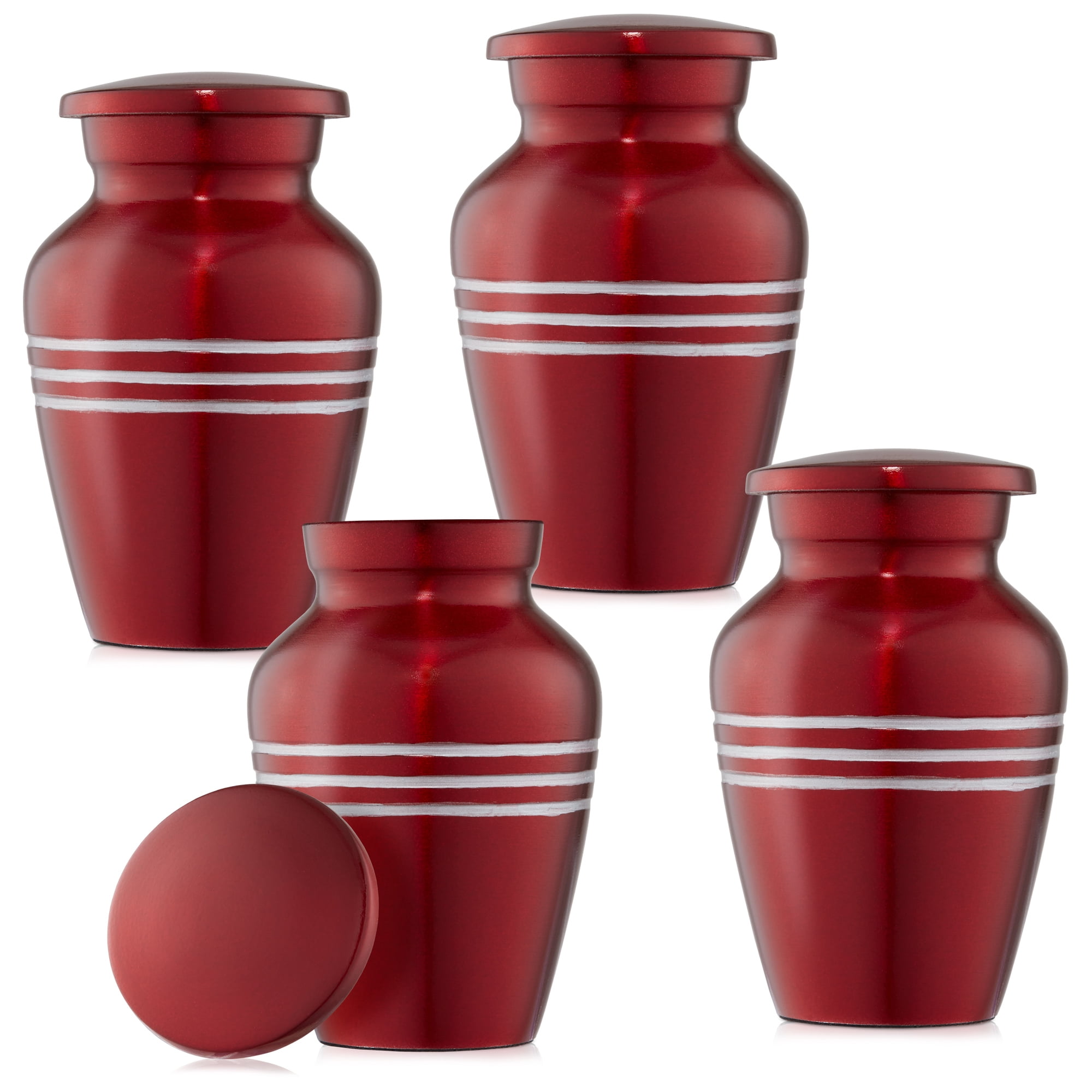 Small Cremation Keepsake Urns for Human Ashes, Set of 4 Red and Silver Stripe Miniature Urns