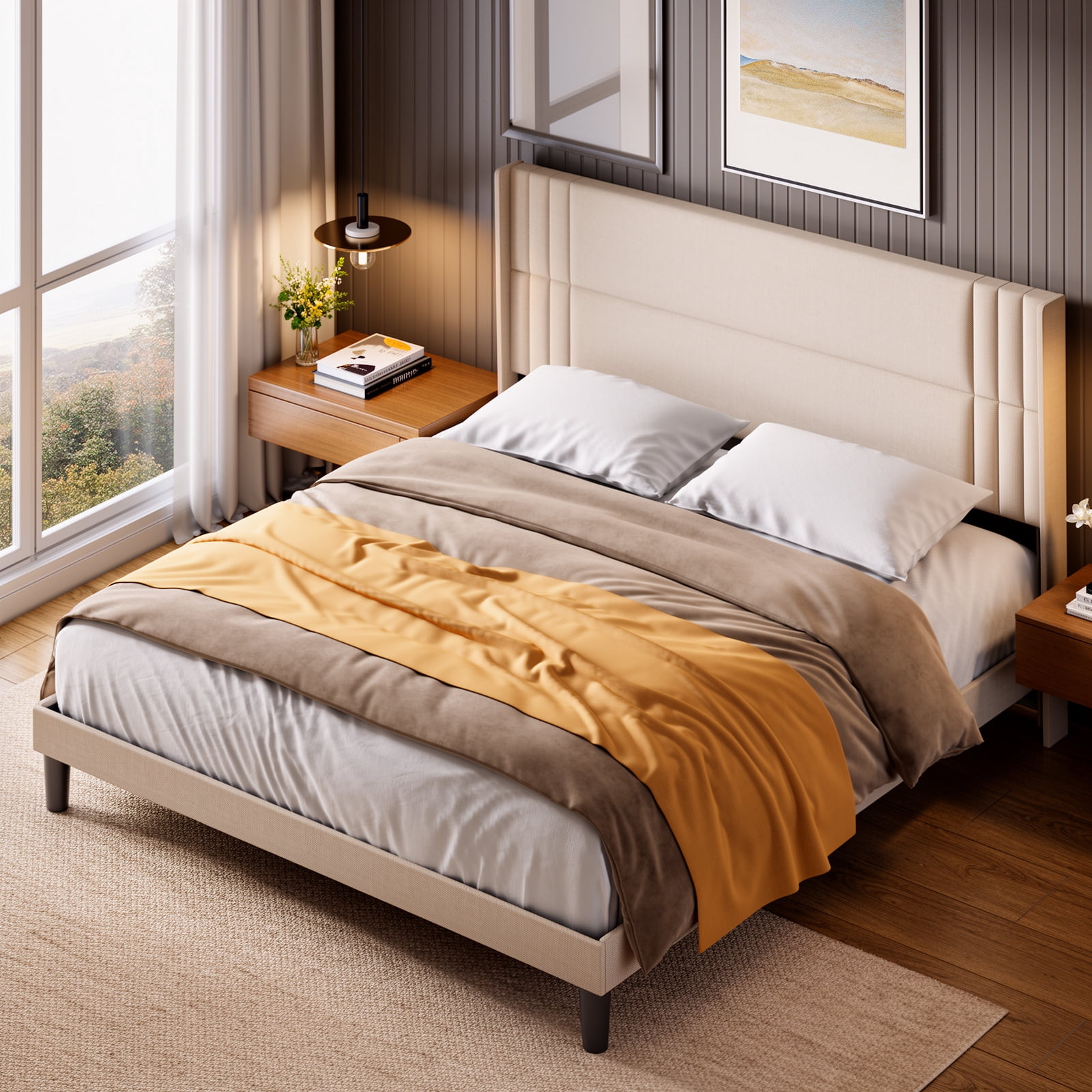 Aiho Bed Frame Queen with 4 Storage Drawers for Bedroom, Beige