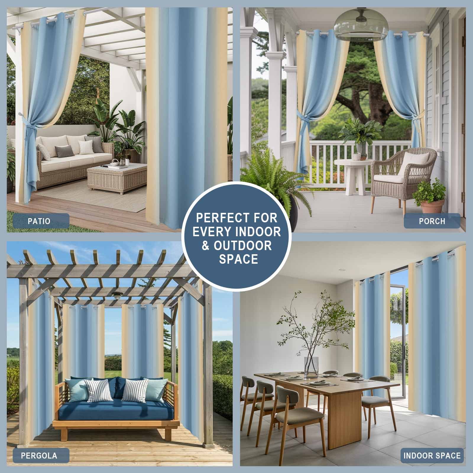 1 Panel Outdoor Curtains for Patio Waterproof 54"x84", Blue Yellow Ombre Weatherproof Privacy Outsides Curtains, Farmhouse Modern Gradient Art Grommet Thermal Drapes for Cabana Porch Pergola