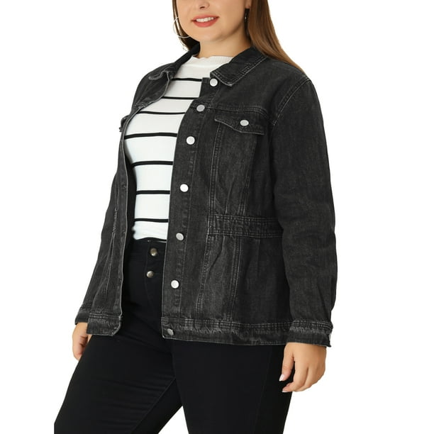 Plus Size Denim Jackets for Women Classic Washed Front Jean Jacket