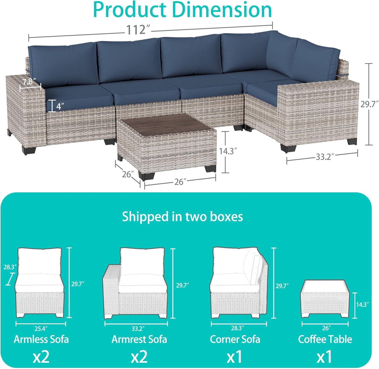 6-Piece Outdoor Patio Furniture Set, PE Wicker Rattan Sectional Sofa Conversation Set with Tempered Glass Table & Thick Cushions - All-Weather Garden, Backyard Furniture,Navy Blue