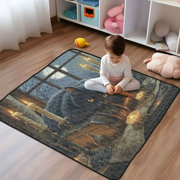 WOBOGO Fluffy Black Cat Baby Playmats Extra Large Waterproof Rollable Activity Pads for Toddlers 50×50inch