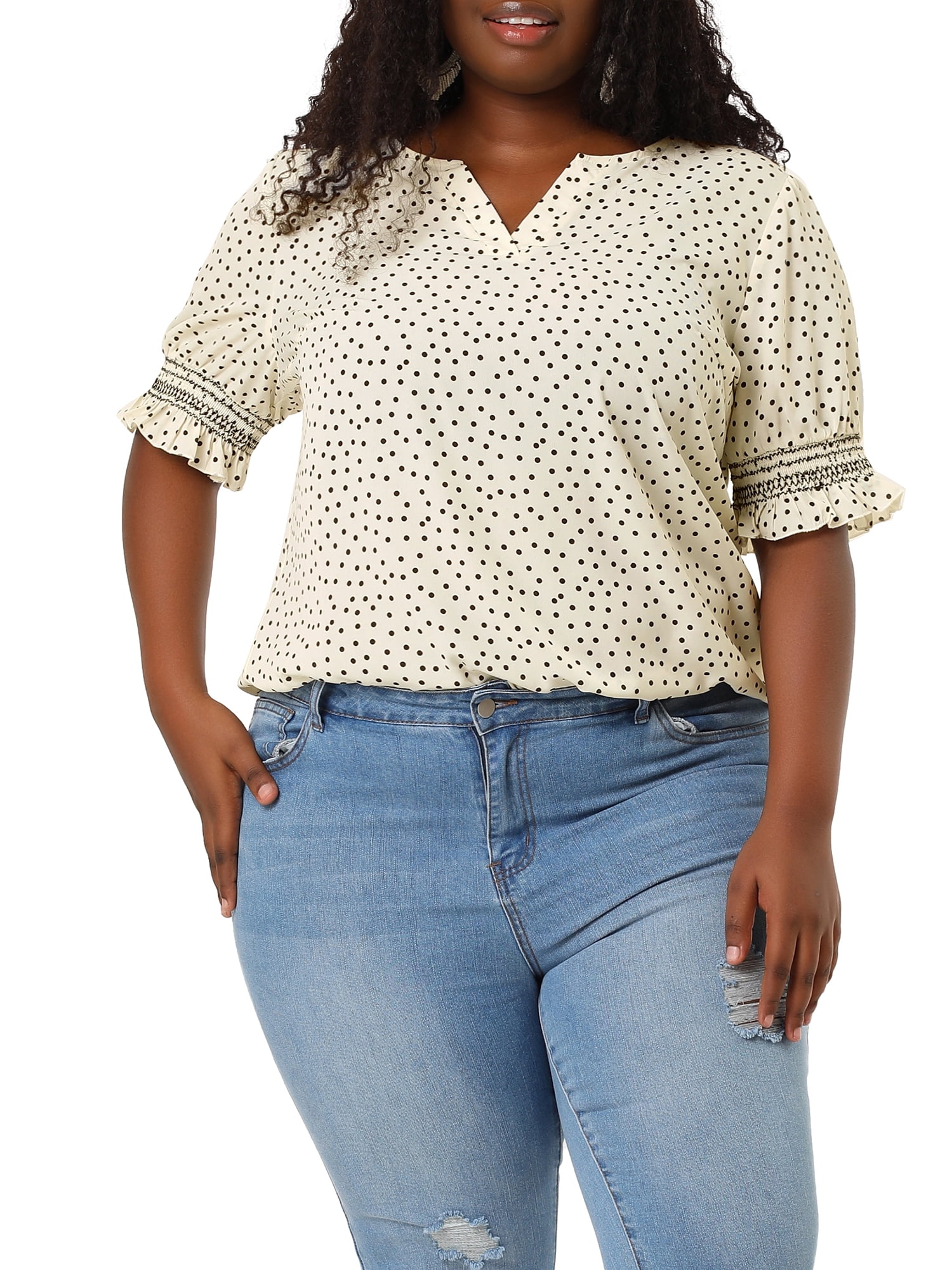 Unique Bargains Women's Plus Size Dots Heart Smocked Short Sleeve Blouse 3X White