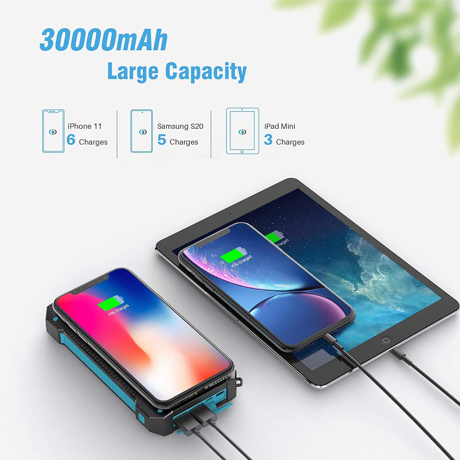 Solar Power Bank 30000 mAh, Wireless Portable Charger Solar Panel External Battery Type-C 5V Dual USB with LED Flashlight (Waterproof, Dustproof, Shockproof) Compatible with iOS & Android