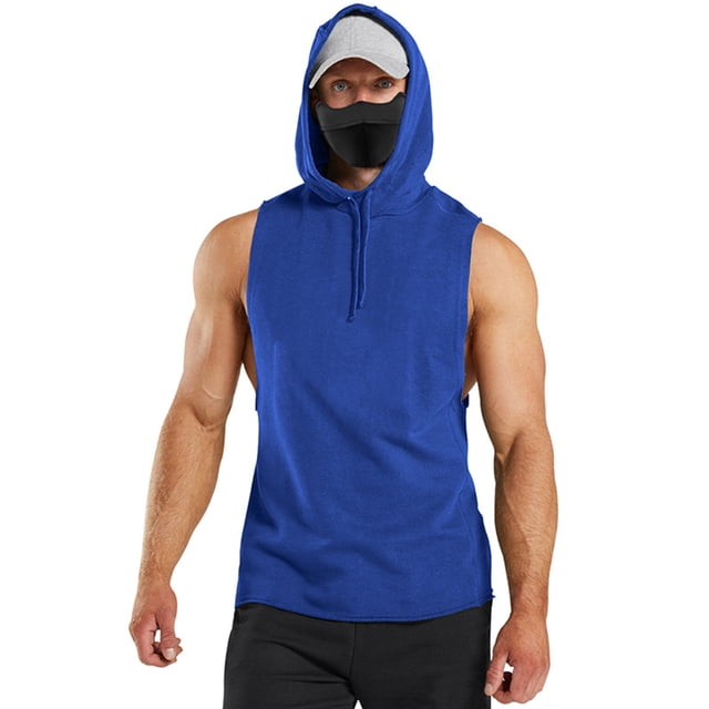 MAWCLOS Mens Hooded Tops Drawstring Sweatshirt Sleeveless Hoodies Regular Fit Gym Solid Color Pullover Top Royal Blue M