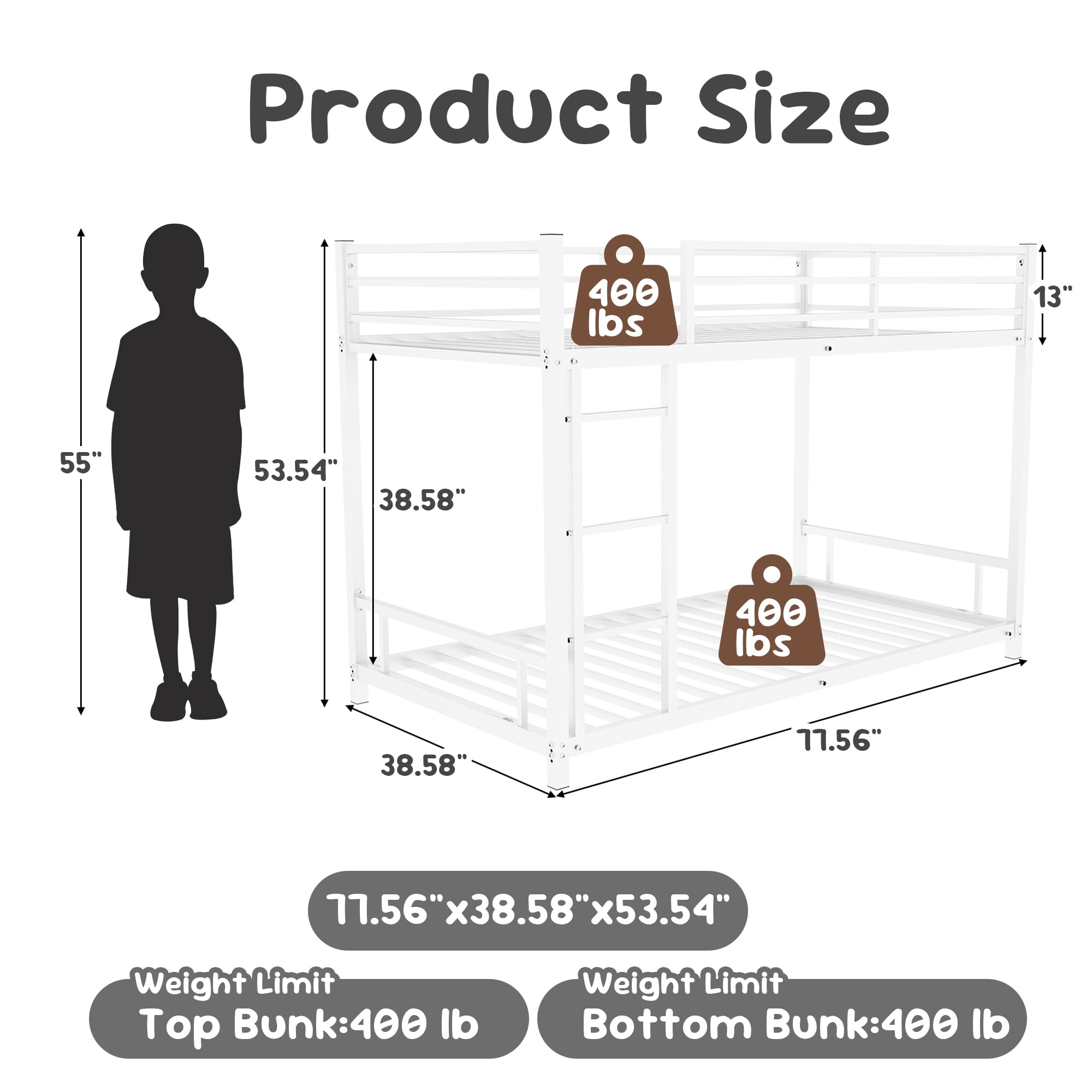 Alvantor Metal Bunk Bed Twin over Twin for Kids Adults, Low Bunk Bed with Guardrails and Ladder for Bedroom White