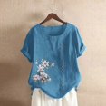 thumbnail image 2 of Pxiakgy Womens Embroidered Tops Casual Summer Boho T Shirts Women's Casual Loose Cotton and Linen T Shirt Cotton and Linen Top Loose Fit Short Sleeve Floral Blouses Linen Tops for Women Blue M, 2 of 8