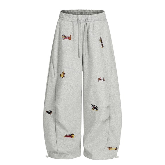 Embroidery Puppy Baggy Barrel Sweatpants Casual Wide Leg Lounge Y2K Pants Elastic Drawstring Unisex Trendy Athletic Lantern Trouser