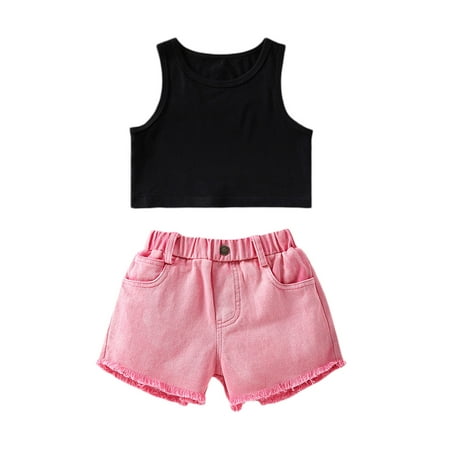 

Frobukio Kids Toddler Girls Summer Clothes Outfits Solid Color Sleeveless Tank Tops + Casual Raw Hem Denim Shorts Set Rose Red 3-4 Years