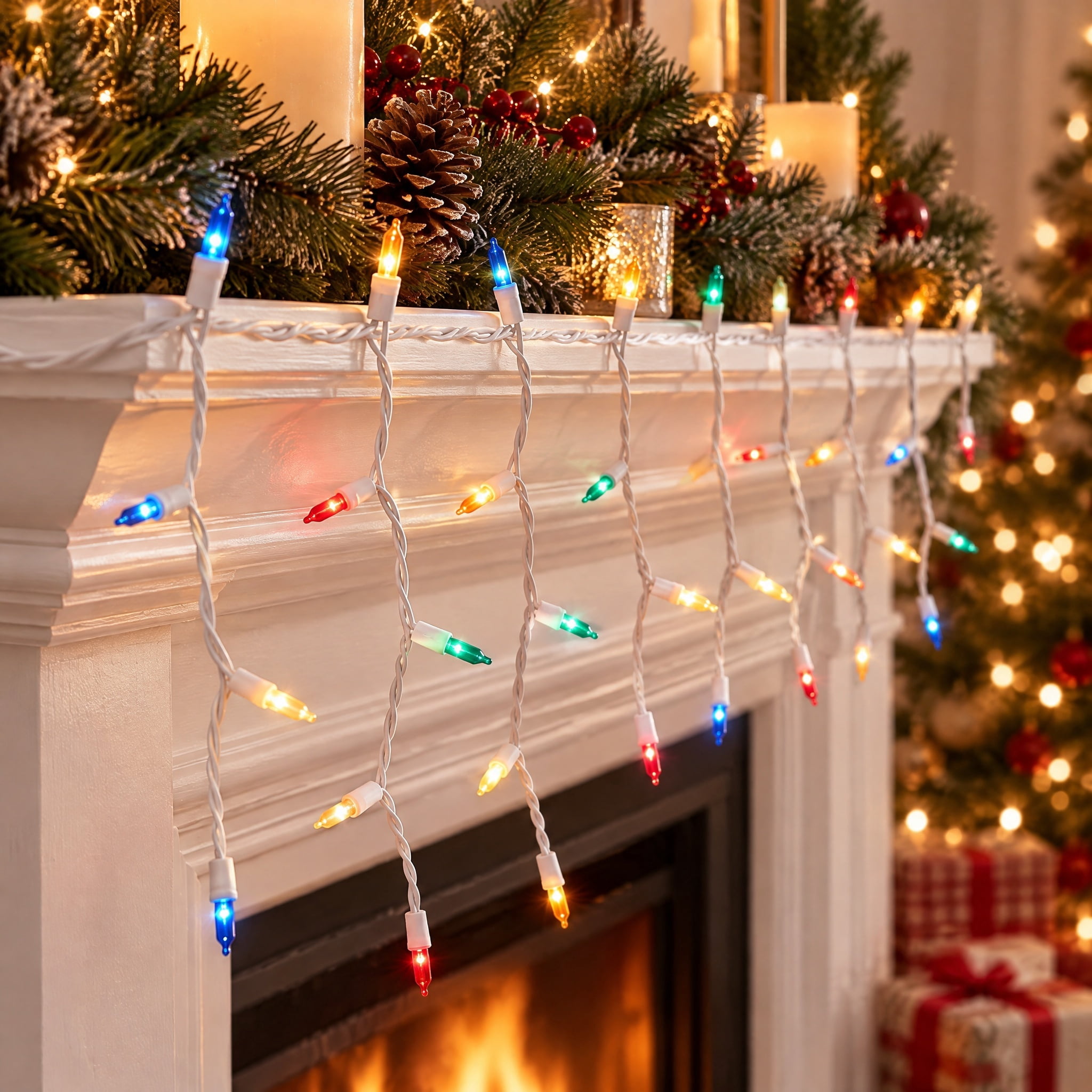 Indoor/Outdoor 500-Count LED Christmas Icicle Lights, Multicolor, White Wire, 50', by Holiday Time