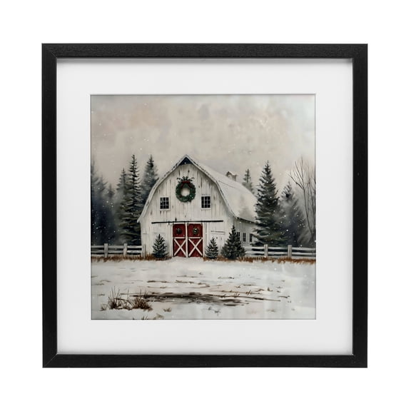 Stupell Industries White Christmas Barn with Wreat Black Framed Print Under Glass, design by Creative Studio, 13 x 13