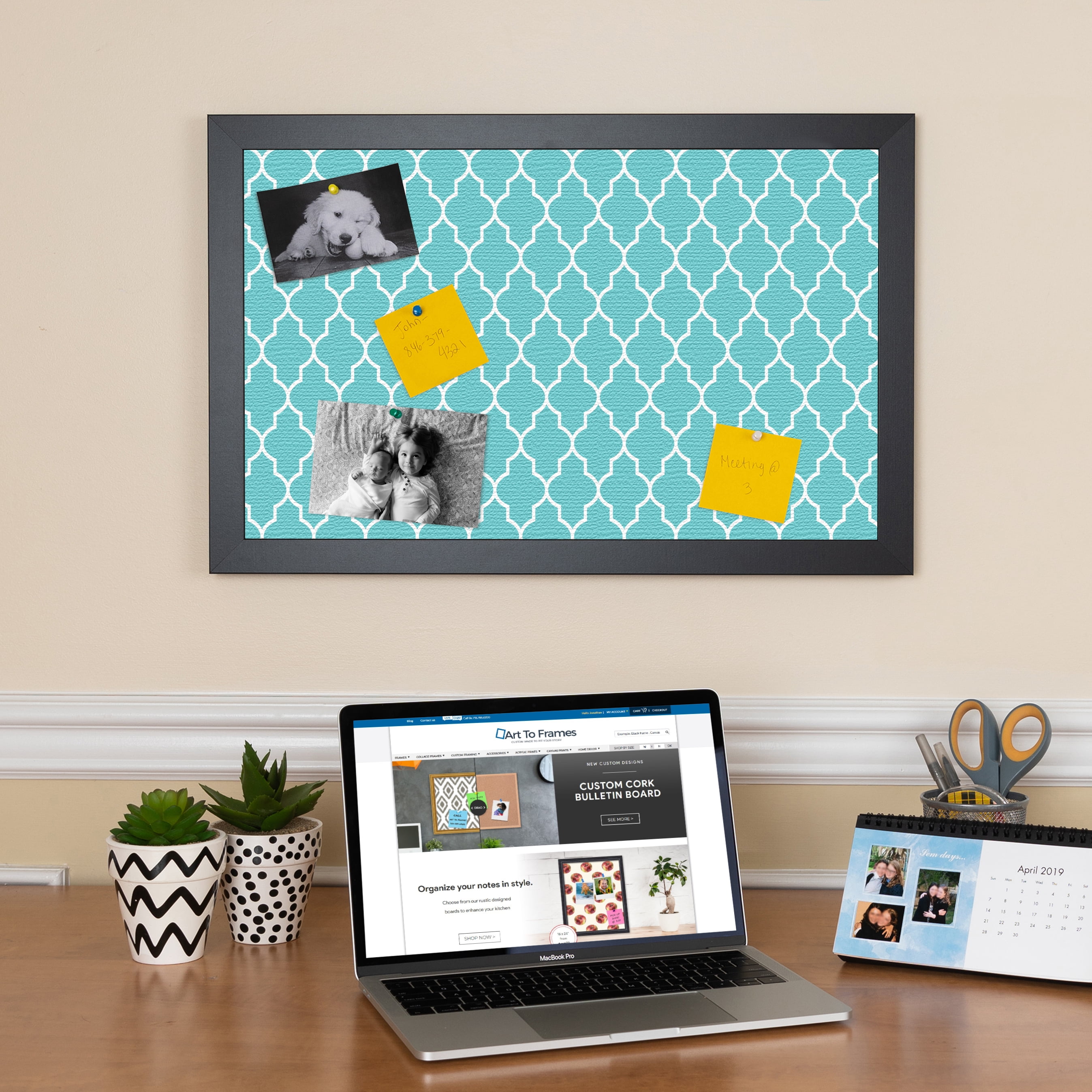 PinPix 18x14 Custom Cork Bulletin Board Quatrefoil Aqua Poster Board Has a Fabric Style Canvas Finish, Framed in Quatrefoil Aqua, by ArtToFrames (PinPix-278)