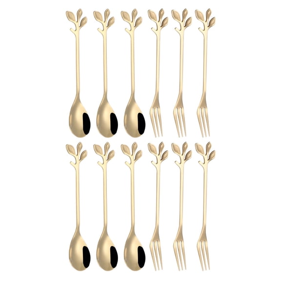 COSMOBETTY 12Pcs Leaf Shaped Handle Stainless Steel Dessert Forks and Spoons for Afternoon Tea