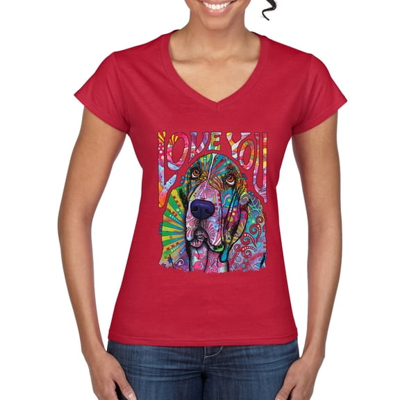 Colorful Beagle | Dogs Love You | Dean Russo Art Animal Lover Women's Standard V-Neck Tee, Red, Large