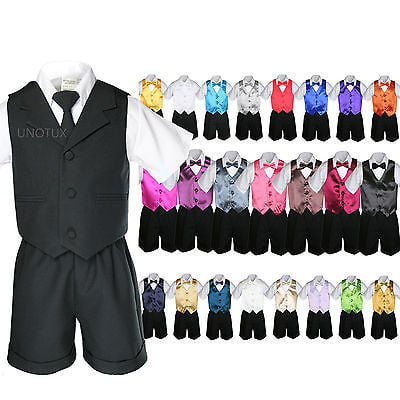 6pc Baby Boy Toddler Formal Vest Shorts Silver Set Suit Bow Tie 23 Color sz S-4T 
