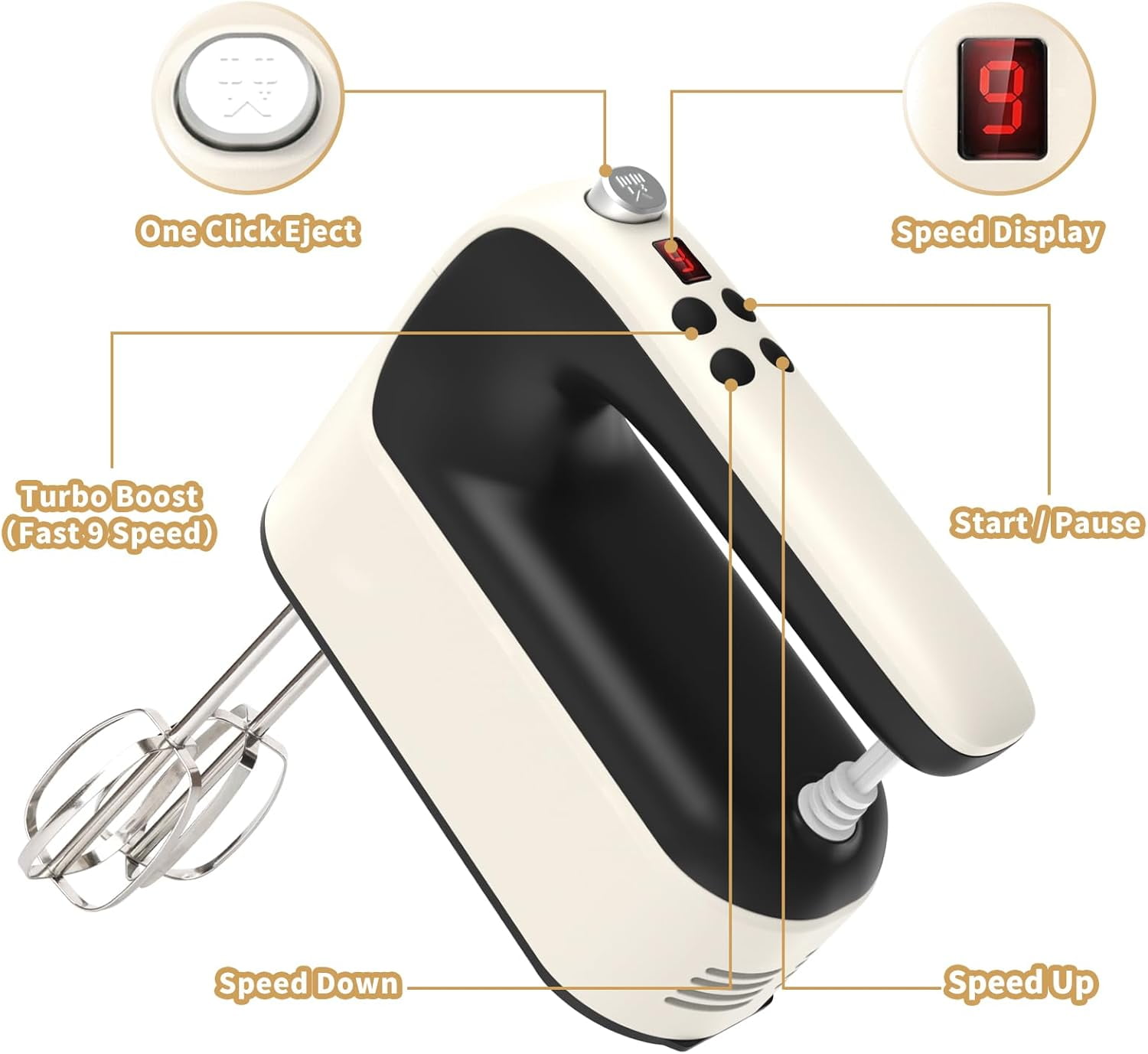 400W DC Motor Digital Hand Mixer with Storage Case, 5 Stainless Steel Accessories including Beaters, Dough Hooks and Whisk