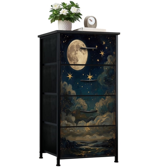 Dresser for Bedroom with 4 Storage Drawers Moon Stars Celestial Mystical Moody Night Sky Vintage Witchy Dark Dressers Chest of Drawers Steel Framed Fabric Closet Organizers for Entryway