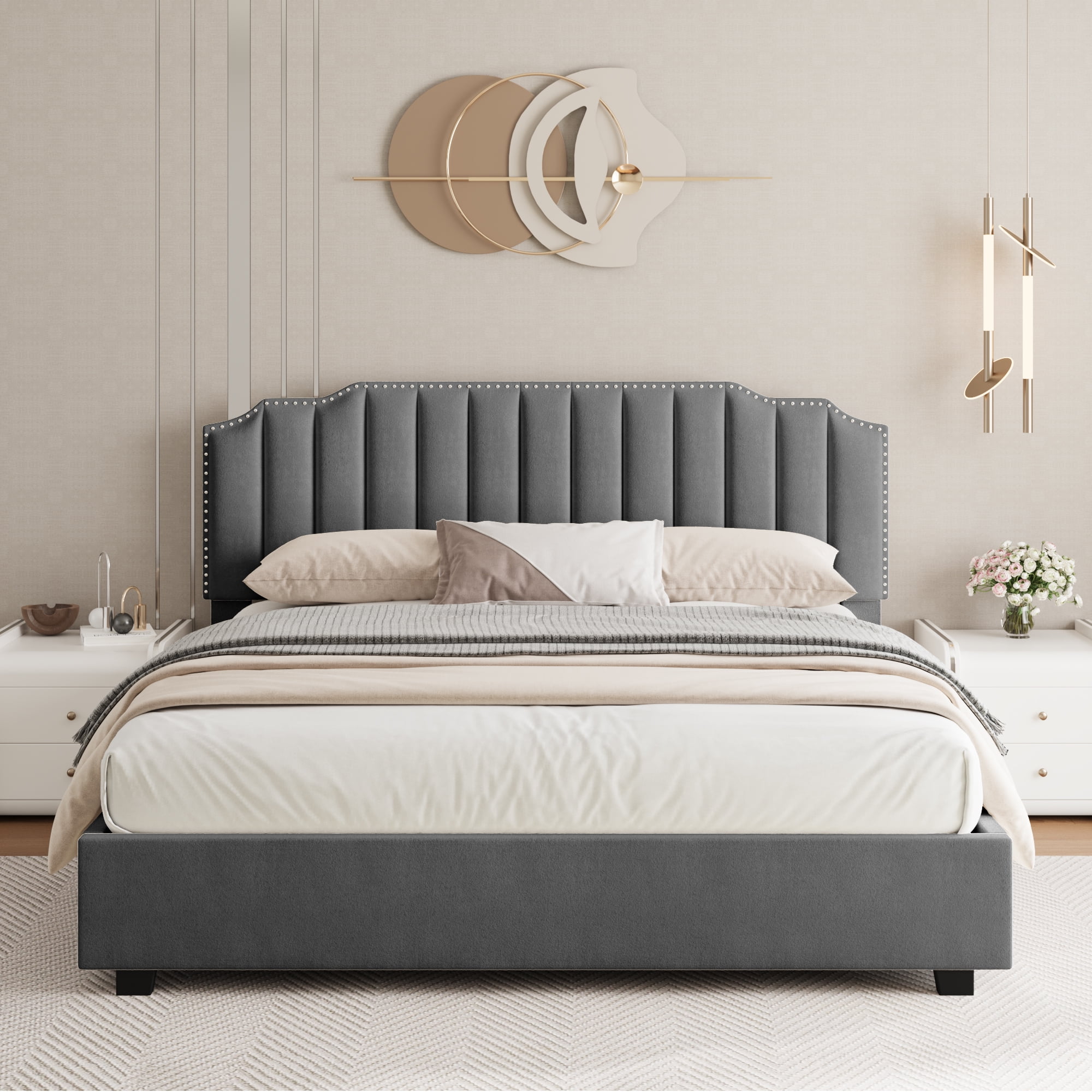 Miniyam Full Size Contemporary Platform Bed with Lift-Up Storage for Adult, Gray