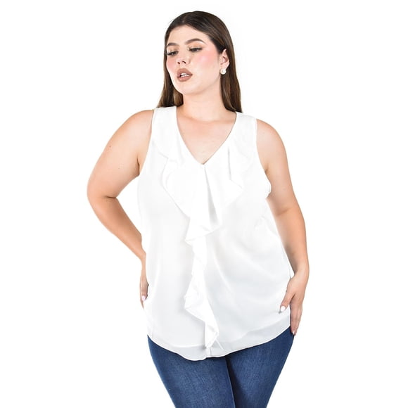 Blusa de chifon con escarolas Roman Fashion /Tallas Extras, 203 (Blanco) blanco 42