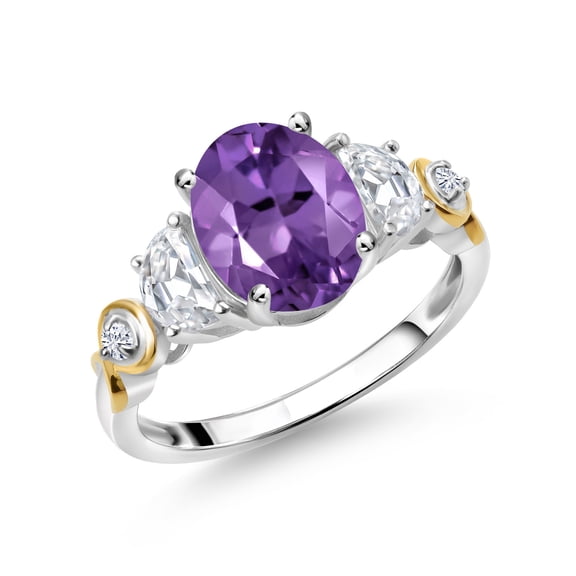 Gem Stone King 925 Silver and 10K Yellow Gold 3-Stone Ring Oval Purple Amethyst and Moissanite (2.10 Cttw, Size 5)
