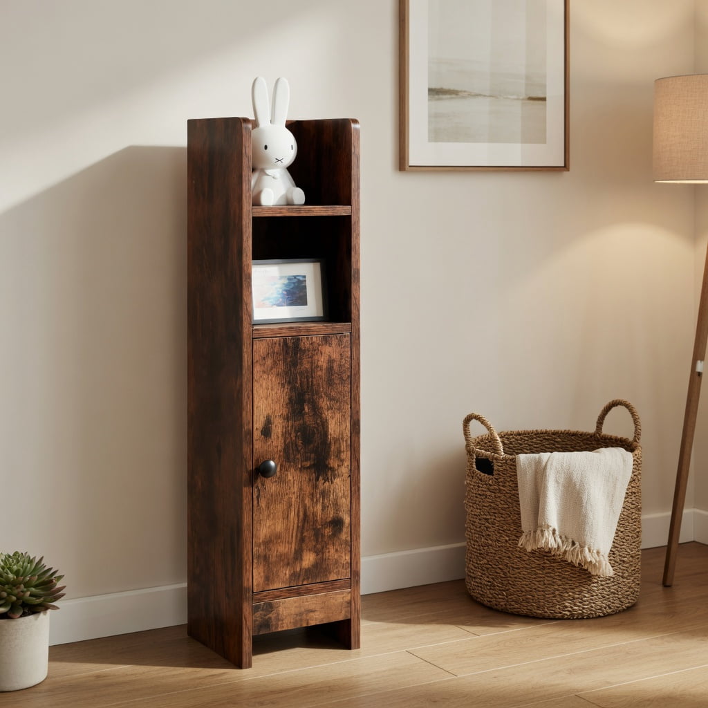 Spaco Rustic Brown Slim Bathroom Corner Cabinet, 1 Door & Adjustable Shelves with Rustic Finish