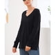 thumbnail image 3 of Suéter de punto de manga larga con escote en V y aberturas laterales: top casual de color puro para mujer, negro, mediano, 3 of 6