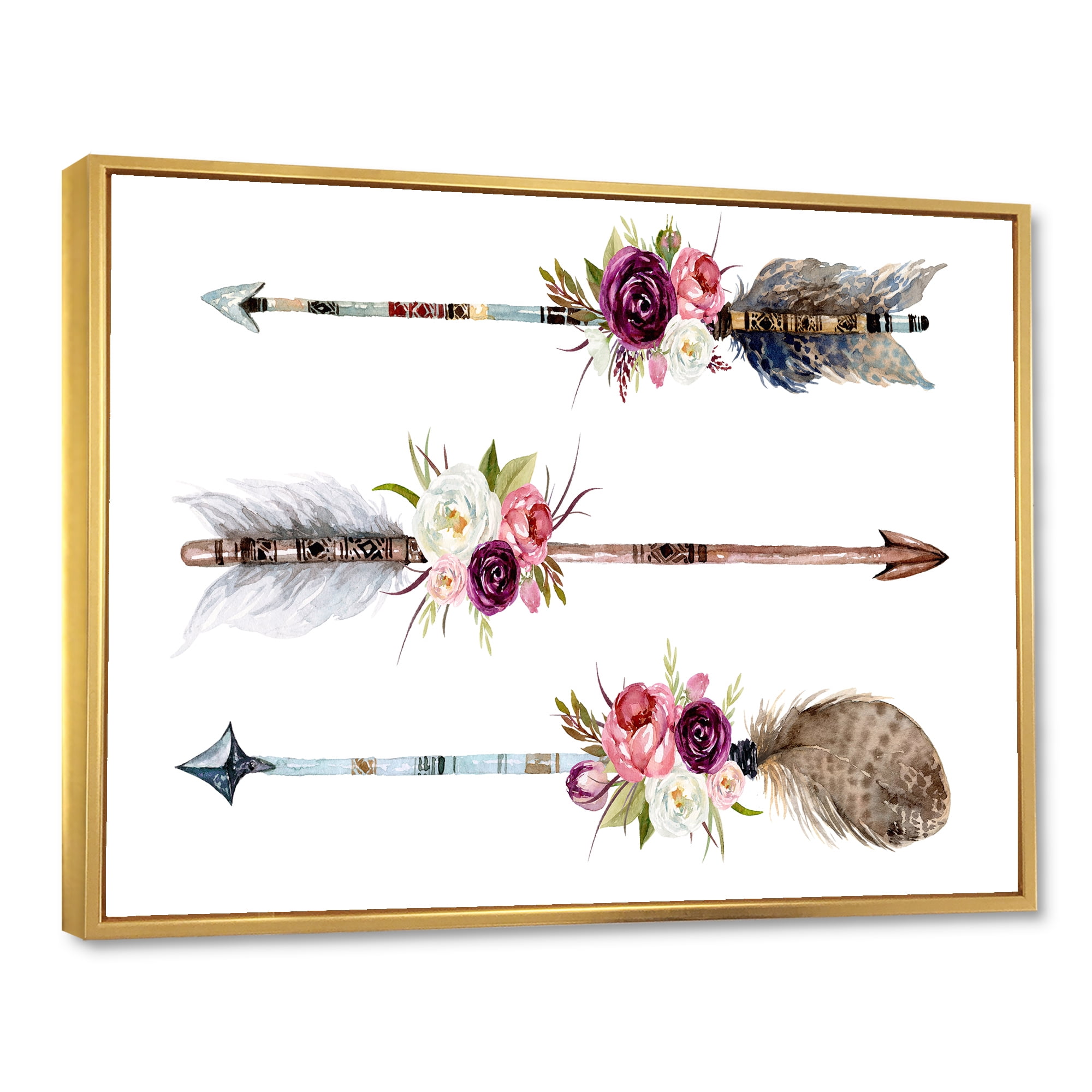 Designart 'Flowers and Ethnic Feathers On Native Arrows III' Bohemian & Eclectic Framed Canvas Wall Art Print