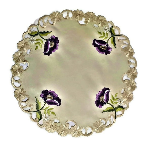 Doily Boutique Round Doily with Purple Poppy Flowers on Ivory Fabric, Size 15 inches